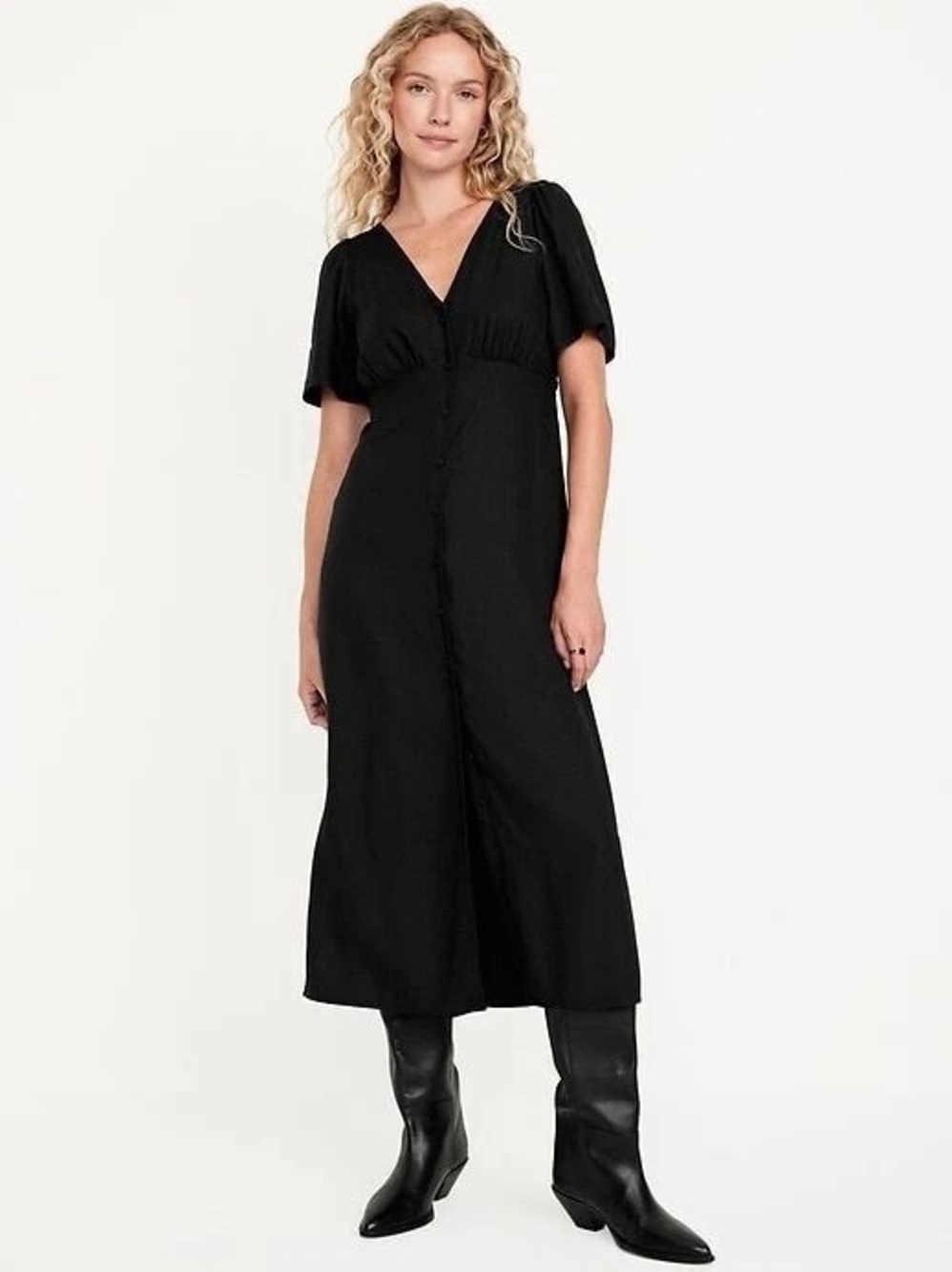 OLD NAVY Button-Down Short Flutter Sleeve Crepe Midi Dress- Black Jack- M Tall